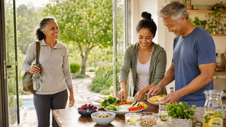 Three adults enjoying movement, fresh food, and time together in a bright, welcoming home